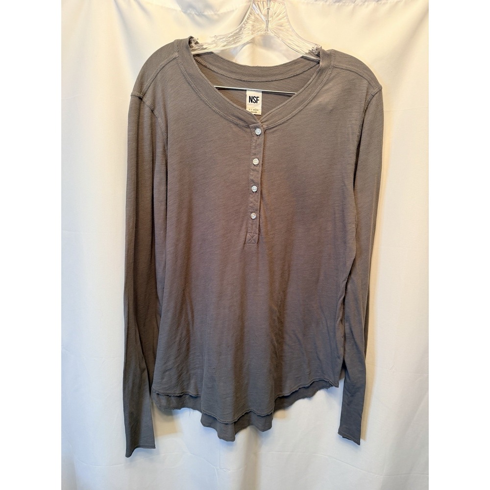 NEW NSF Studio Women's Large Gray Cotton Henley Shirt Long Sleeve Made in USA